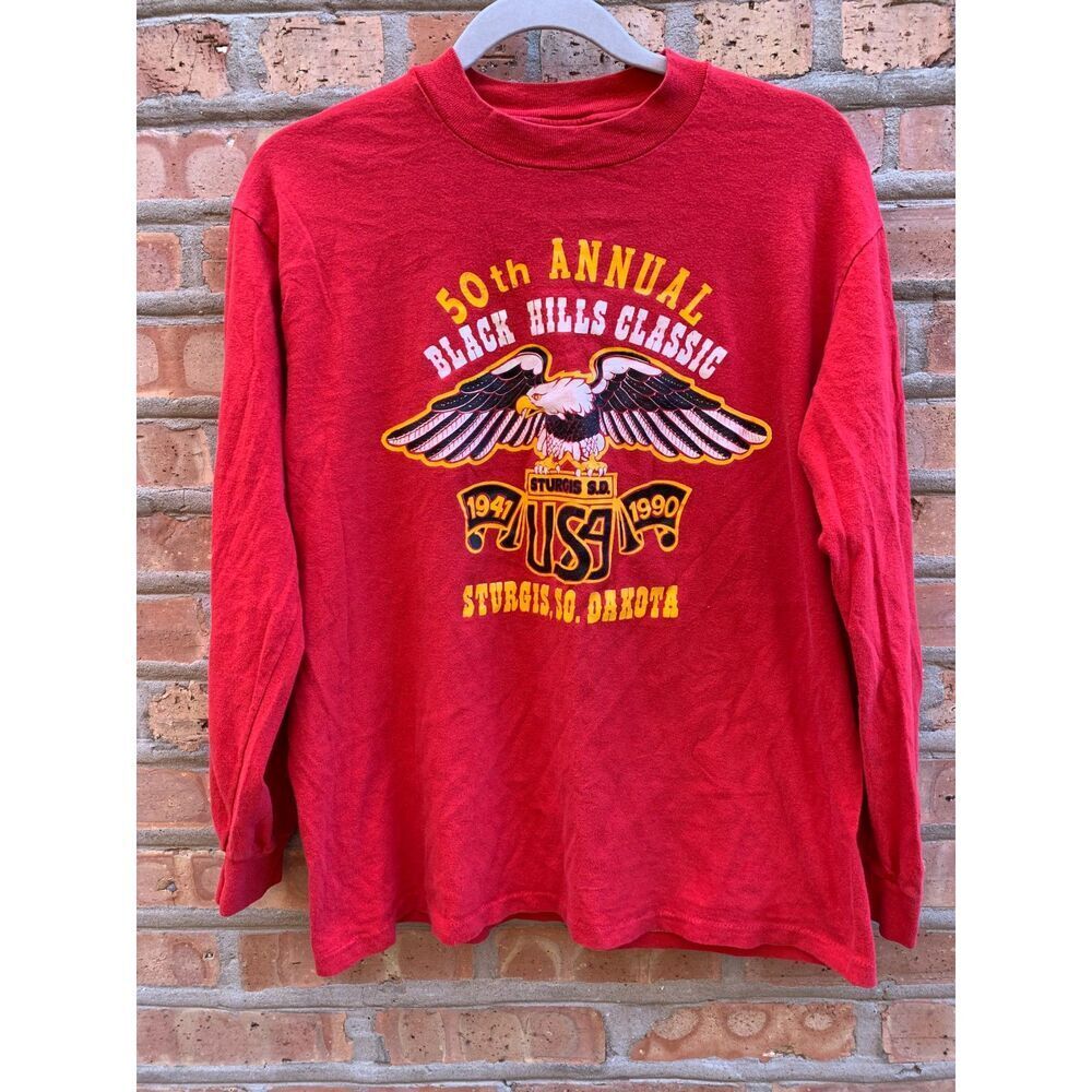 Vintage Sturgis Black Hills Eagle 1990 Red Long Sleeve Shirt Large 20th Annual